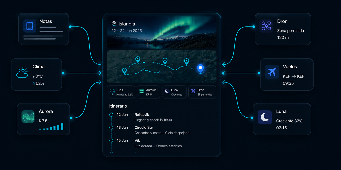 Vista de contexto unificado de MyTravelHub con notas, clima, aurora, vuelos, dron y luna conectados al viaje